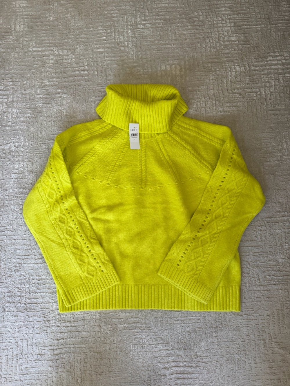 LOFT Bright Yellow Pointelle Cable-Trim Turtleneck Sweater